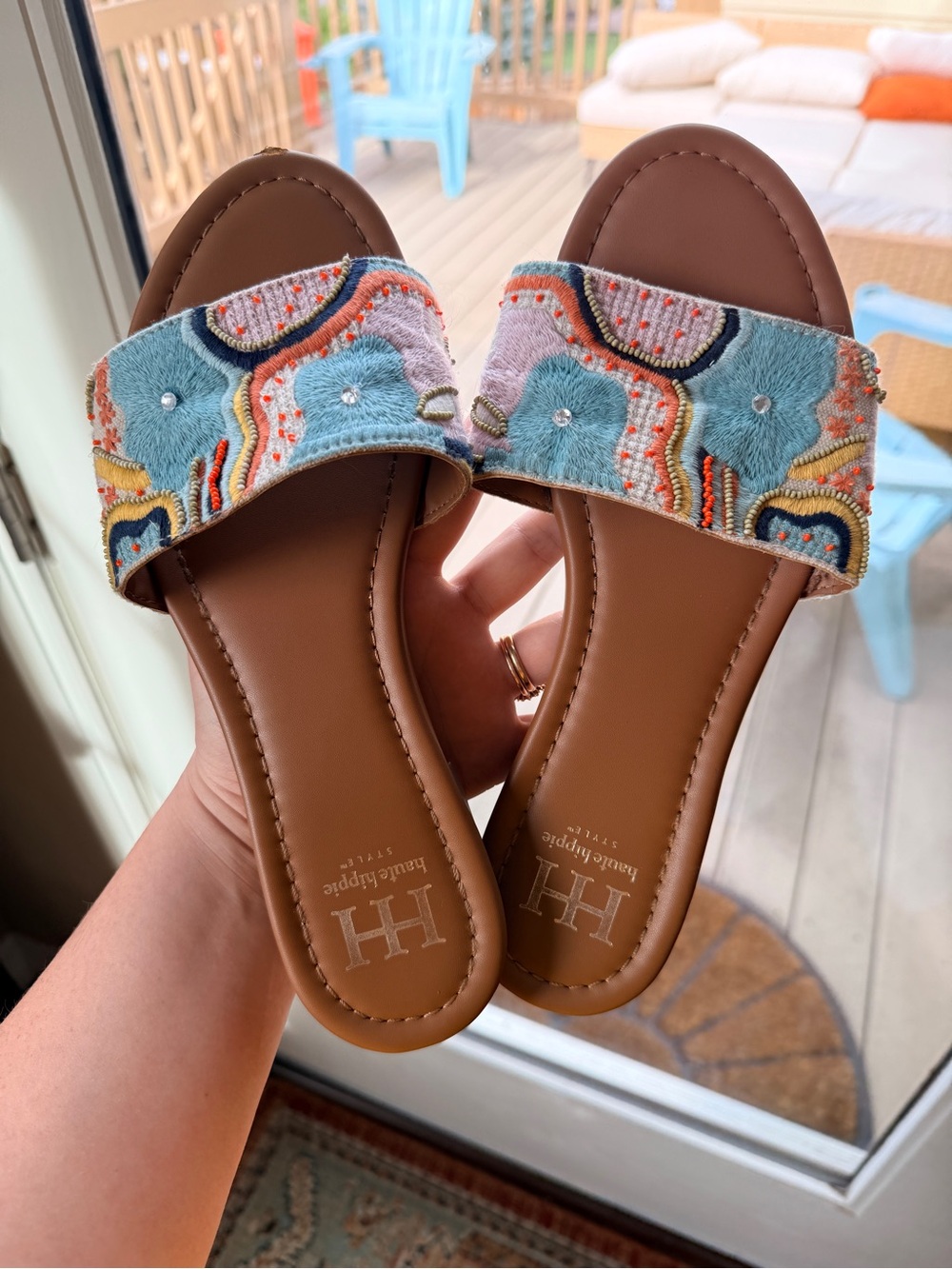 Haute Hippie Brown Slide Sandals with Multicolor Embroidered Strap